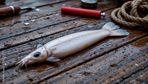 squid laid on wet wooden deck with water drops around, boat tools and rope in soft focus background