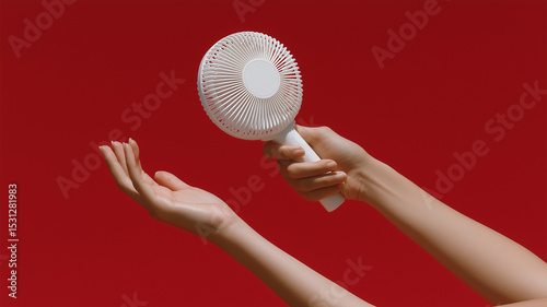 Hands extend toward a small fan in vibrant sunlight, seeking solace from the sweltering heat Generative AI