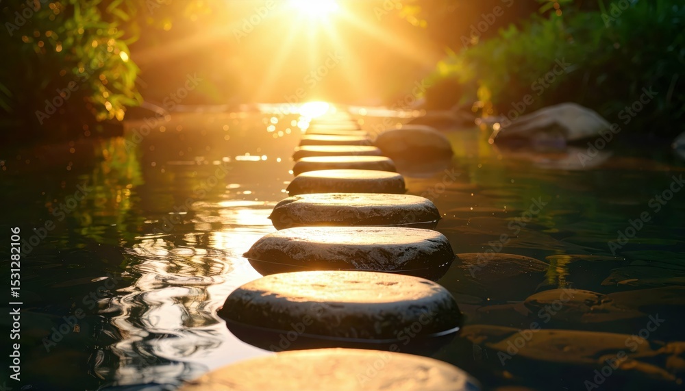 Obraz premium Stepping Stones Across a Shallow River Illuminated by Sunlight
