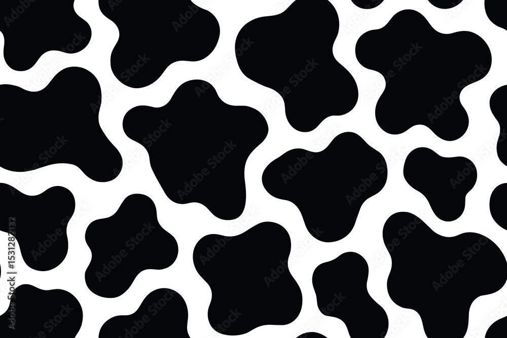 Seamless cow skin pattern with irregular black spots on white background