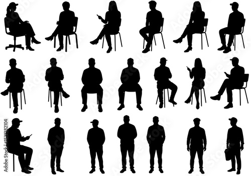 Silhouettes of people sitting and standing isolated on white background