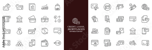 Credit, Loans and Mortgages web icons in outline style. Credit card, deposit, car leasing, rate interest, calculator, income, rating, collection. Editable stroke outline icon