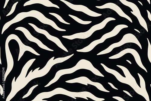 Seamless skunk fur pattern with wavy white stripes on black background