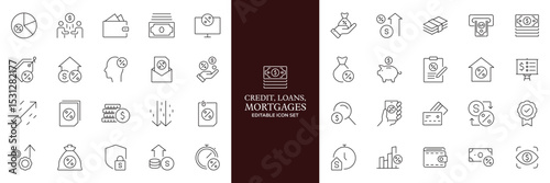Credit, Loans and Mortgages web icons in outline style. Credit card, deposit, car leasing, rate interest, calculator, income, rating, collection. Editable stroke outline icon