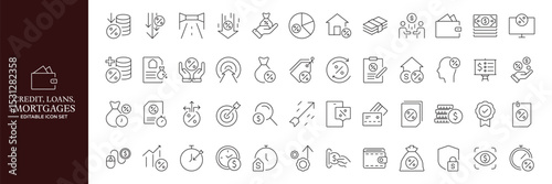 Credit, Loans and Mortgages web icons in outline style. Credit card, deposit, car leasing, rate interest, calculator, income, rating, collection. Editable stroke outline icon