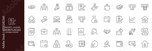 Credit, Loans and Mortgages web icons in outline style. Credit card, deposit, car leasing, rate interest, calculator, income, rating, collection. Editable stroke outline icon