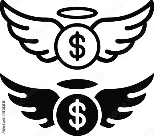 Minimalist Line Art Dollar Coin with Angel Wings and Halo – Grayscale Vector Illustration
