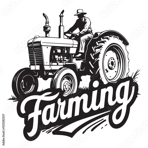 Vintage farmer driving tractor farming illustration
