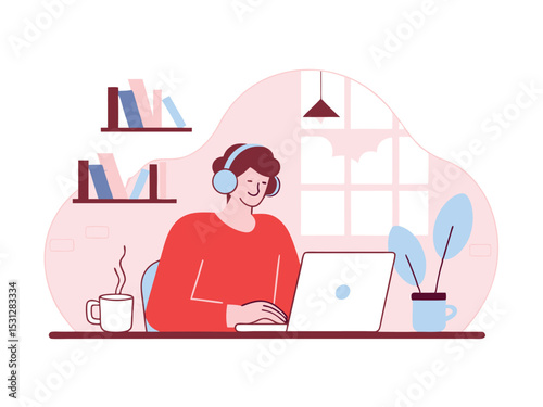 Remote Worker Using Laptop & Headphones for Coding or Online Learning Illustration