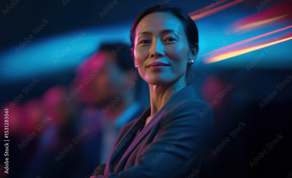 Obraz premium Successful Asian female leader with subtle smile standing poised under pink and blue neon lights 
