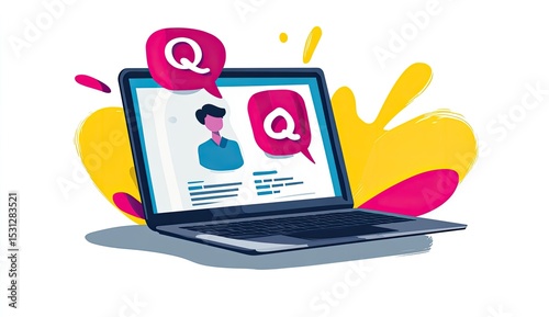 Laptop screen displaying a profile and question mark icons, surrounded by vibrant splashes of color