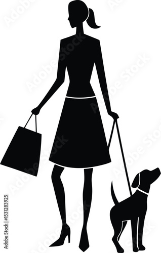 Silhouette of Woman Walking Her Dog After Shopping with Bags in Hand