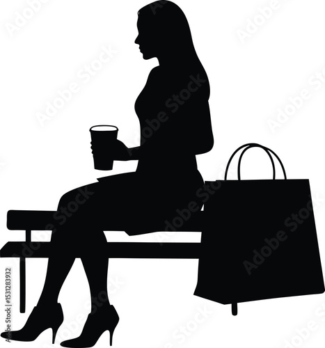 Silhouette of Woman Sitting on a Bench with Shopping Bags in Hand