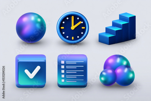 Set of Blue 3D Rendered Business and UI Icons on White Background