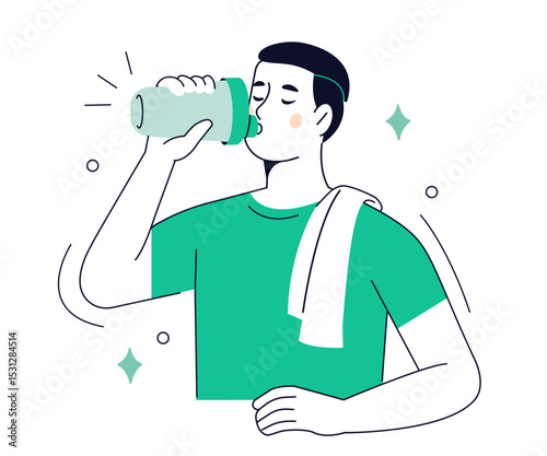 Man character drinking protein shake from shaker bottle after gym. Fitness and sport outline concept. Vector illustration.