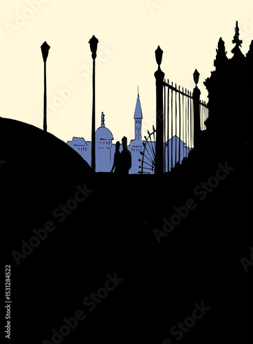 Vector landscape. Couple in love walking along the alleys of the park