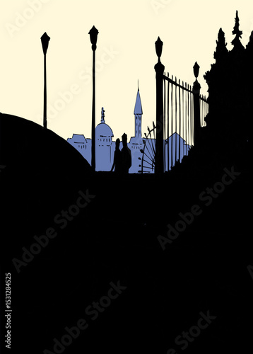 Vector landscape. Couple in love walking along the alleys of the park