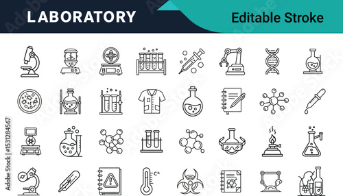Laboratory Line Icons Vector Set – Editable Stroke Chemistry, Science, Research, Experiment Icons Pack.