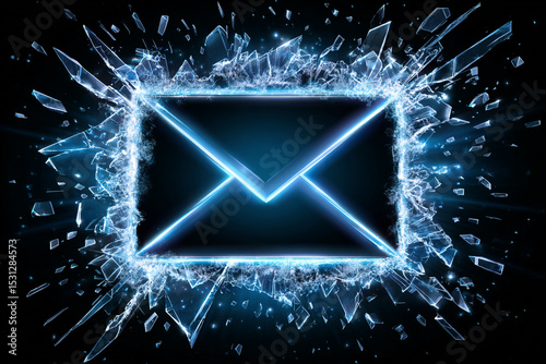 Digital Email Icon with Shattered Glass Effect on Black Background