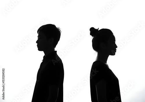 Silhouettes of a man and woman standing back to back isolated on white