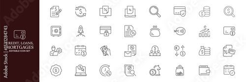 Credit, Loans and Mortgages web icons in outline style. Credit card, deposit, car leasing, rate interest, calculator, income, rating, collection. Editable stroke outline icon