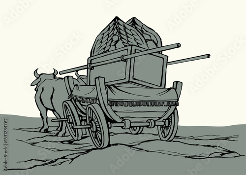 Vector drawing. The ark of the covenant being transported on a wooden cart pulled by two oxens