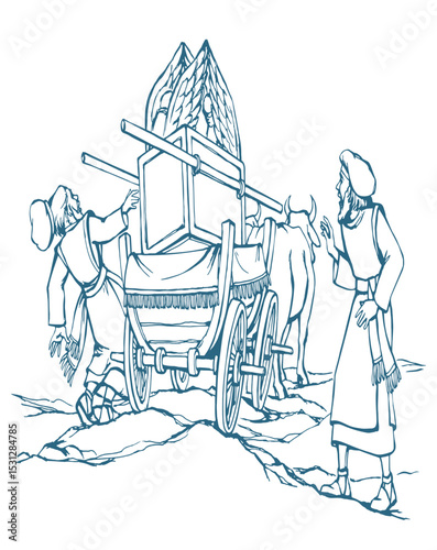 Vector drawing. The ark of the covenant being transported on a wooden cart pulled by two oxens