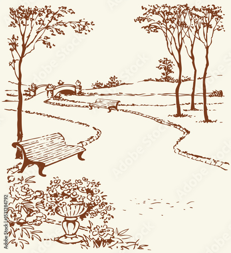 Vector landscape. Banches along the alleys of the park