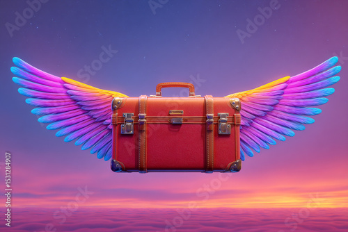Flying Suitcase with Wings Against a Dreamy Sky