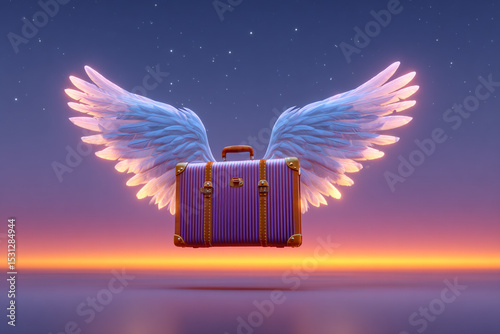 Vintage Suitcase with Wings Against a Starry Sky