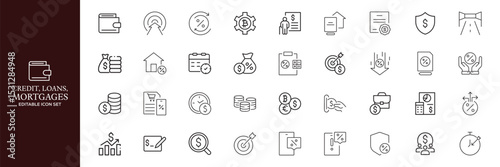 Credit, Loans and Mortgages web icons in outline style. Credit card, deposit, car leasing, rate interest, calculator, income, rating, collection. Editable stroke outline icon