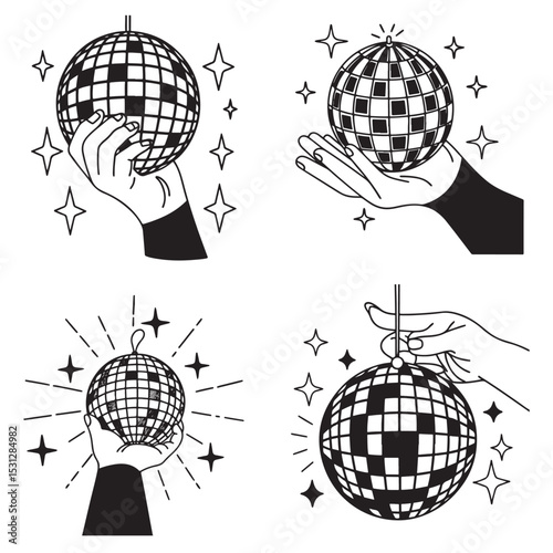 Hand holding disco ball with halftone effect and stars vector illustration.