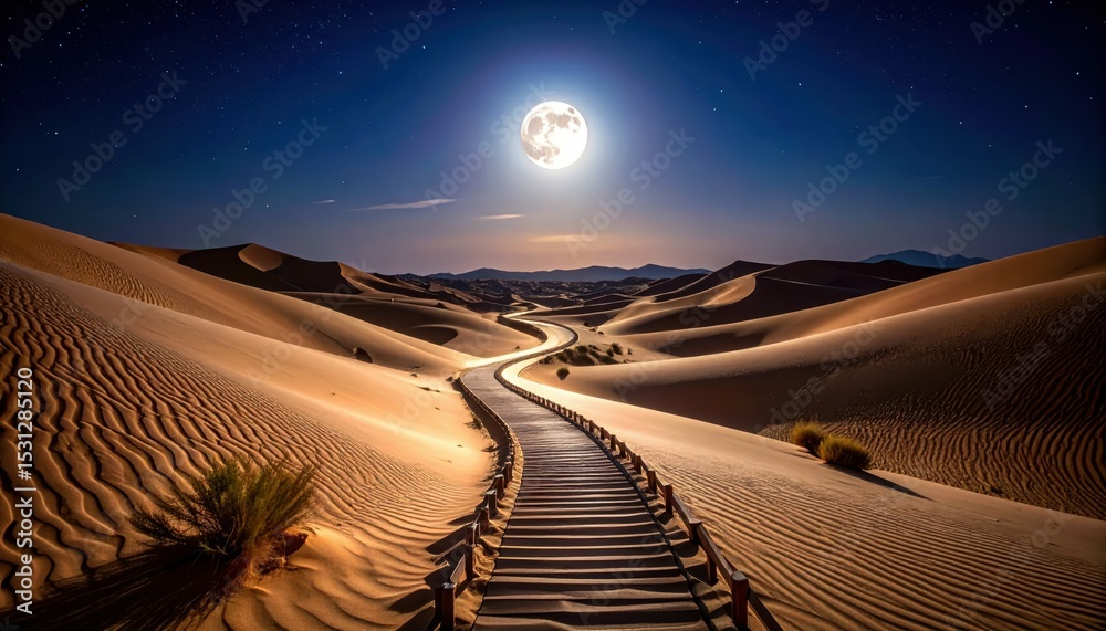 Naklejka premium Serene Pathway Through Swirling Sand Dunes Under Moonlight