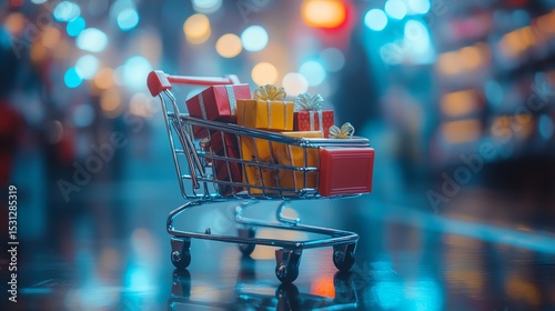 Mini shopping cart with gift boxes on smartphone Digital payment tech