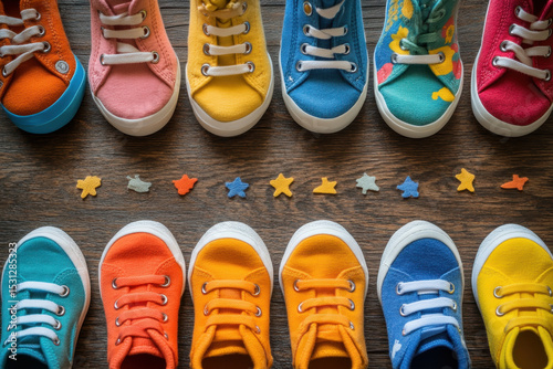 Colorful shoes lined up in a row on a vibrant blue background, each pair distinct in style and pattern.