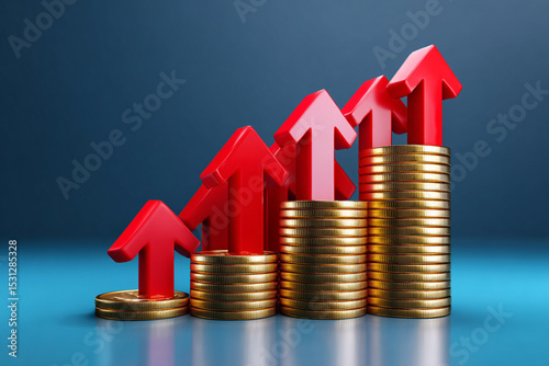 Financial Growth Concept with Red Arrows and Gold Coin Stack