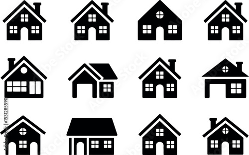 Set of black house icons in different architectural styles vector illustration.