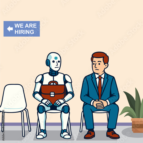 Businessman, AI robot sit in waiting room for job interview.