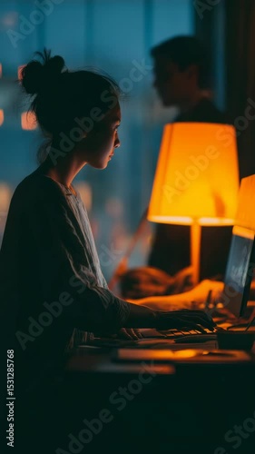 Woman Working Late Beside Warm Desk Lamp
