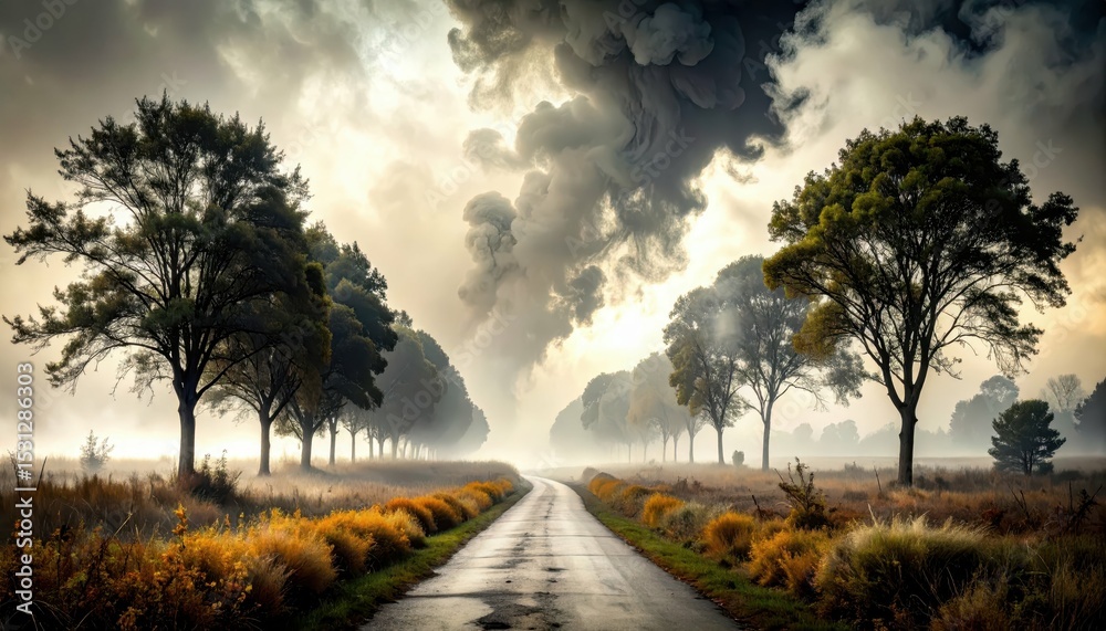 Fototapeta premium Mysterious Swirling Smoke Signals Above a Dark Pathway with Trees