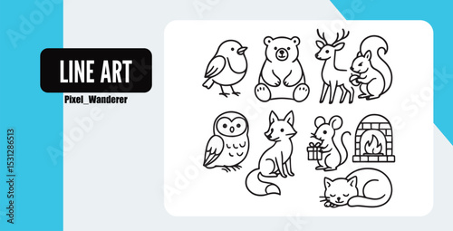 Cute collection of black line art woodland animals and cozy winter elements vector illustration