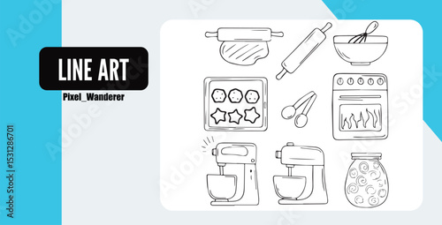 Illustrated line art baking tools and kitchen equipment perfect for culinary or cooking concepts