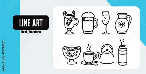 Vector illustration of various hot beverages and drinks depicted in clean line art