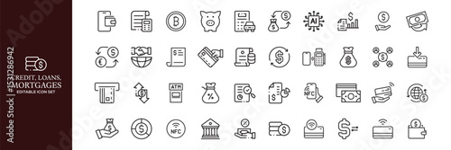 Credit, Loans and Mortgages web icons in outline style. Credit card, deposit, car leasing, rate interest, calculator, income, rating, collection. Editable stroke outline icon