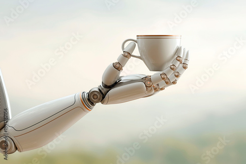 Robotic hand gently holding a ceramic teacup against soft blurred background, symbolizing harmony between technology and everyday life