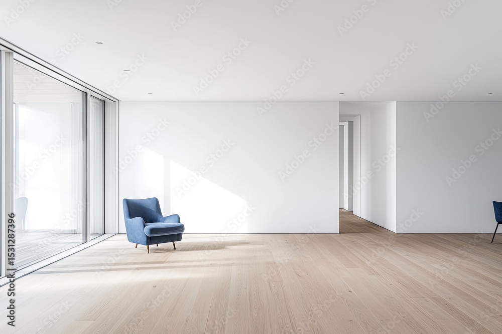 Fototapeta premium Bright, modern, empty room with blue armchair