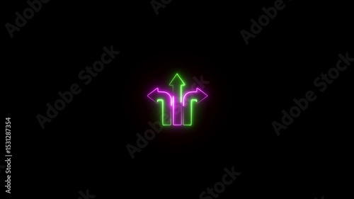 Neon three arrows pointing in three directions on black background.