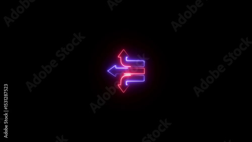 Three connected arrows. Three neon arrows pointing in three directions, up, down, left, on a black background.
