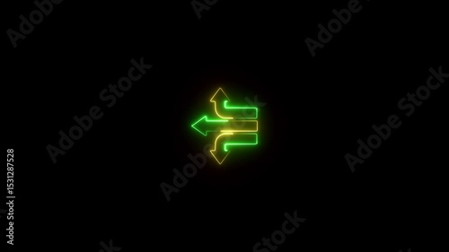 Three connected arrows. Three neon arrows pointing in three directions, up, down, left, on a black background.