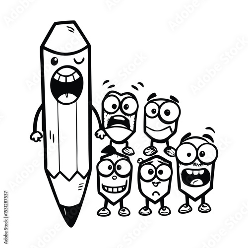 Black and White Cartoon Illustration of Expressive Pencil Character with Emotional Faces in Clean Layout